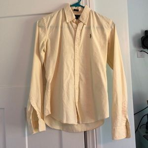 Yellow and white striped button down polo